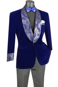 Blue Regular Fit Velvet Jacket With Wide Shawl Lapel And Cuffs