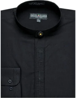Men's Banded Collar Embroidered Shirt In Black/Black