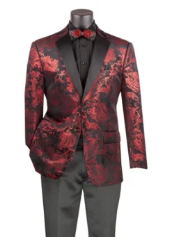 Red Modern Fit Velvet Jacket Metallic Design