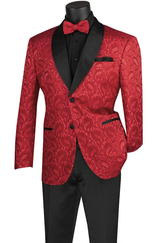 Red Modern Fit Paisley Pattern Jacquard Fabric Jacket With Bow Tie 1 Red Modern Fit Paisley Pattern Jacquard Fabric Jacket With Bow Tie