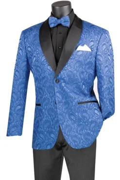 Royal Blue Modern Fit Paisley Pattern Jacquard Fabric Jacket With Bow Tie