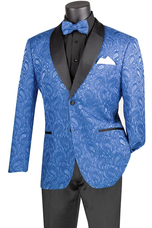Royal Blue Modern Fit Paisley Pattern Jacquard Fabric Jacket With Bow Tie 1 Royal Blue Modern Fit Paisley Pattern Jacquard Fabric Jacket With Bow Tie