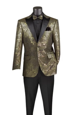 Gold Modern Fit Jacquard Jacket With Matching Bow Tie Metallic Design
