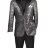 Silver Modern Fit Jacquard Jacket With Matching Bow Tie Metallic Design