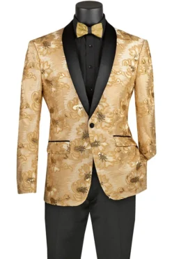 (2XL) Champagne Embroidery Slim Fit Jacket Shawl Lapel With Bow Tie