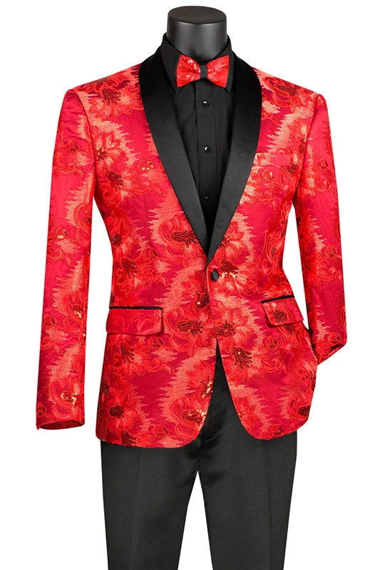 Red Embroidery Slim Fit Jacket Shawl Lapel With Bow Tie 1 Red Embroidery Slim Fit Jacket Shawl Lapel With Bow Tie
