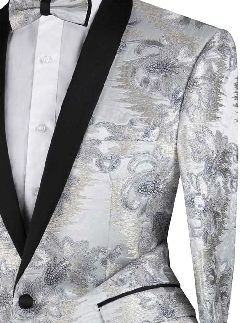 Silver Embroidery Slim Fit Jacket Shawl Lapel With Bow Tie 3 Silver Embroidery Slim Fit Jacket Shawl Lapel With Bow Tie - Image 3