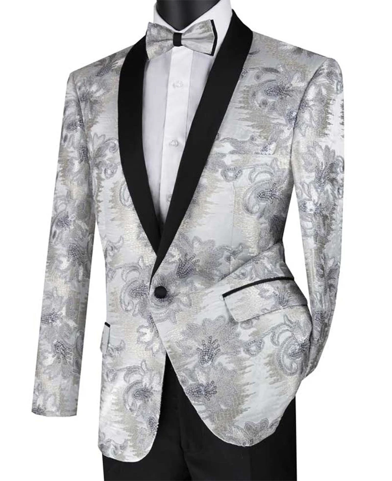 Silver Embroidery Slim Fit Jacket Shawl Lapel With Bow Tie 2 Silver Embroidery Slim Fit Jacket Shawl Lapel With Bow Tie - Image 2
