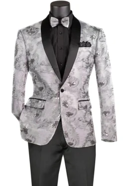 Silver Embroidery Slim Fit Jacket Shawl Lapel With Bow Tie