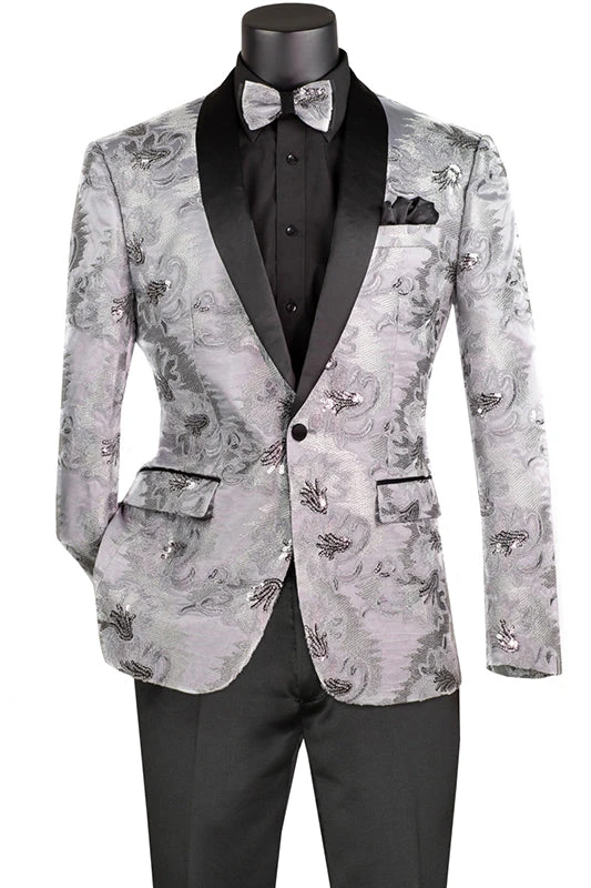 Silver Embroidery Slim Fit Jacket Shawl Lapel With Bow Tie 1 Silver Embroidery Slim Fit Jacket Shawl Lapel With Bow Tie