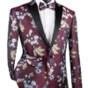 (3XL) Burgundy Slim Fit Blazer Floral Print 1 Button With Peak Lapel