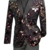 Black Slim Fit Velvet Sequin Floral Pattern Jacket