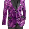 (XL, 2XL) Purple Slim Fit Velvet Sequin Floral Pattern Jacket
