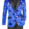 Royal Blue Slim Fit Velvet Sequin Floral Pattern Jacket