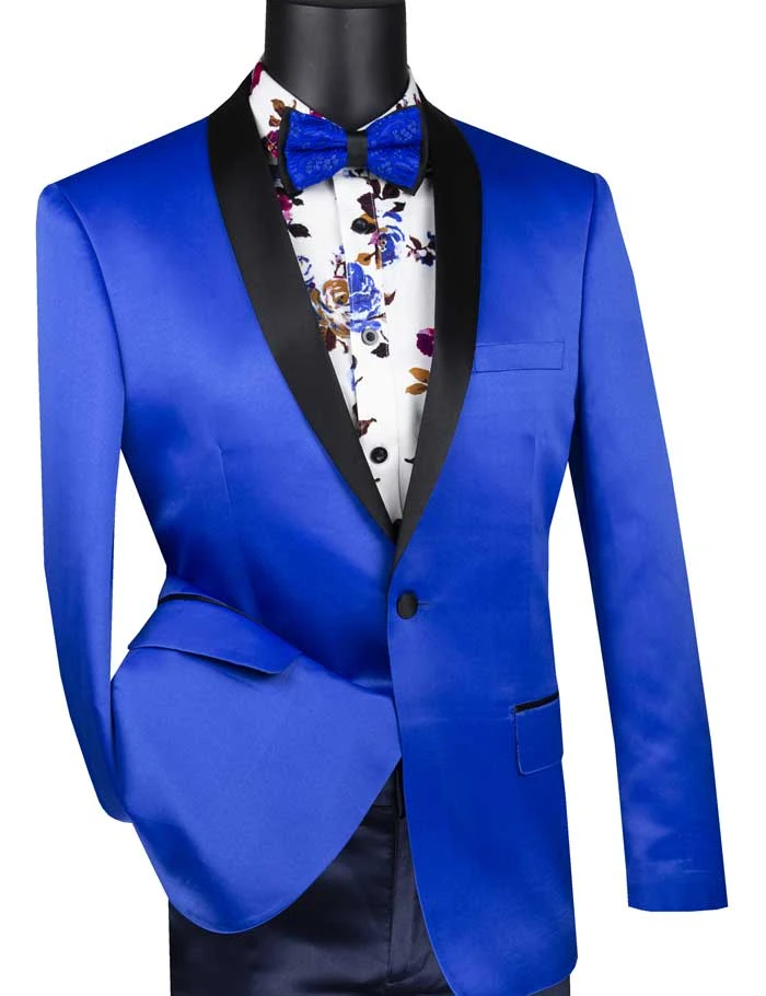 Royal Blue Slim Fit Blazer Stretch Sateen 1 Button With Narrow Shawl Lapel 1 Royal Blue Slim Fit Blazer Stretch Sateen 1 Button With Narrow Shawl Lapel