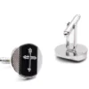Silver Cross On Black Round Men's Cuff Links Accessory Box