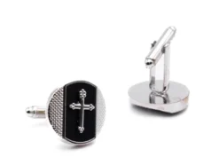 Silver Cross On Black Round Men's Cuff Links Accessory Box