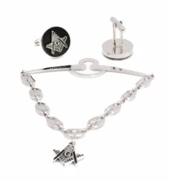 Freemasonry Silver Cross On Black Round Men's Cuff Links And Tie Chain 3 Piece Accessory Box