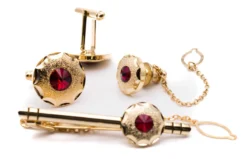 Ruby Crystal And Gold Men's Accessory Box 4 Piece Collection Set