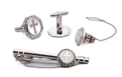Silver Cross On White Men's Accessory Box 4 Piece Collection Set