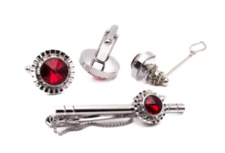 Silver Ruby Round Men's Accessory Box 4 Piece Collection Set