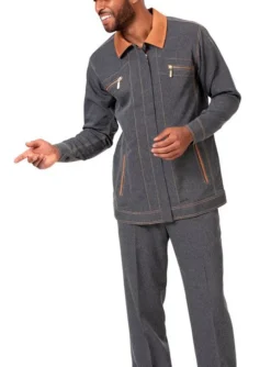 Men's 2 Piece Long Sleeve Denim Feel Walking Suit In Black