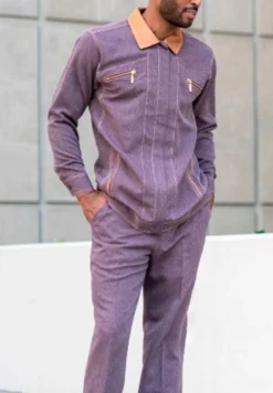 Men's 2 Piece Long Sleeve Denim Feel Walking Suit In Purple