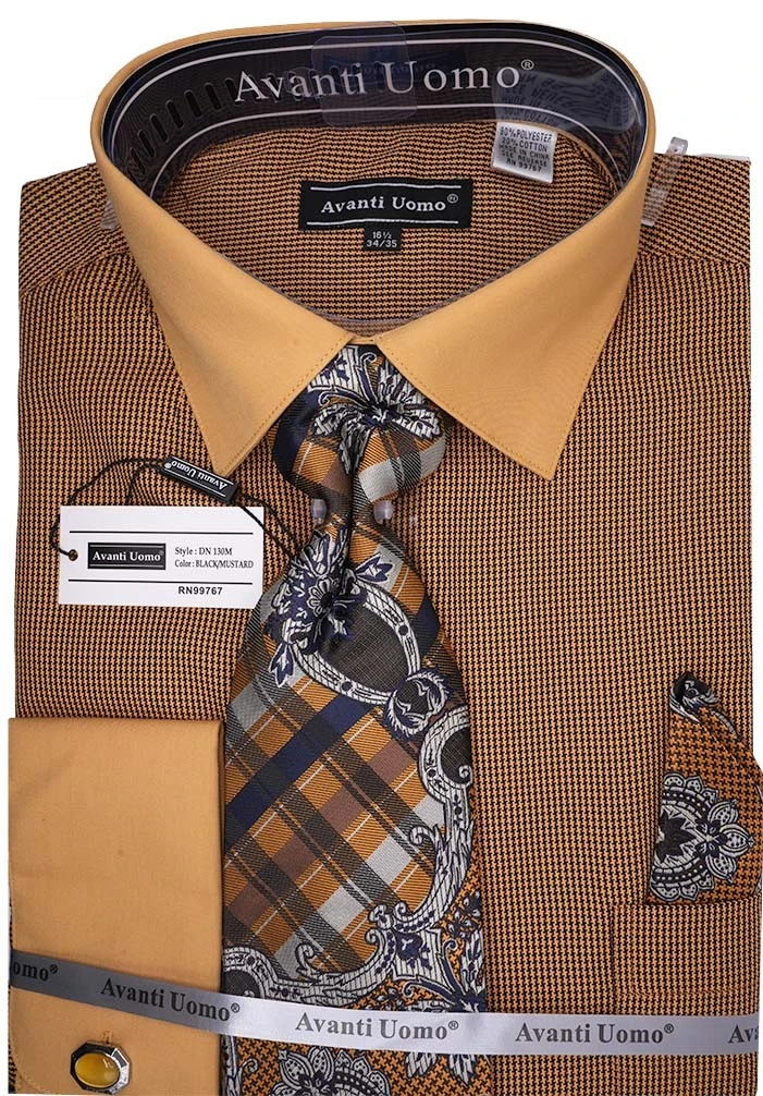 Black Mustard Mini-Houndstooth Dress Shirt Set With Tie And Handkerchief 1 Black Mustard Mini-Houndstooth Dress Shirt Set With Tie And Handkerchief