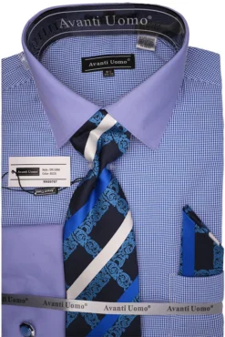 Blue Mini-Houndstooth Dress Shirt Set With Tie And Handkerchief