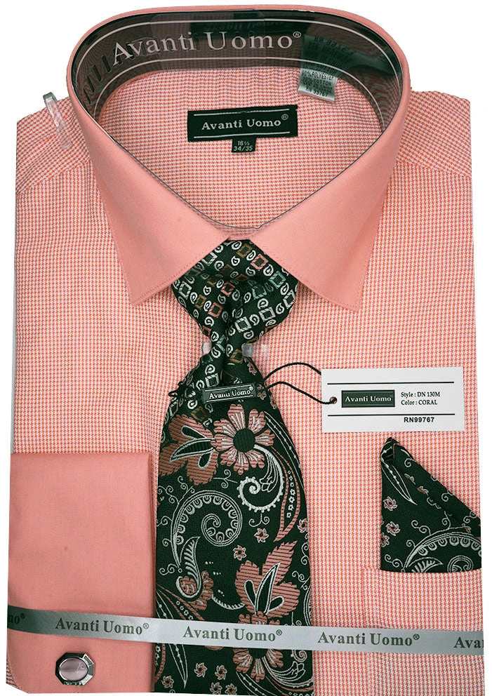 Coral Mini-Houndstooth Dress Shirt Set With Tie And Handkerchief 1 Coral Mini-Houndstooth Dress Shirt Set With Tie And Handkerchief