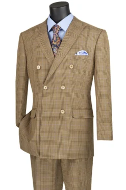 Alexander Collection - Mocha Double Breasted 2 Piece Suit Regular Fit Tone On Tone Windowpane