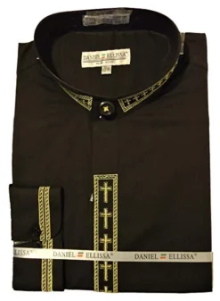Men's Banded Collar Embroidered Shirt In Black/Gold