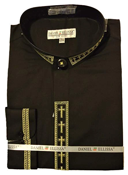 Men's Banded Collar Embroidered Shirt In Black/Gold 1 Men's Banded Collar Embroidered Shirt In Black/Gold