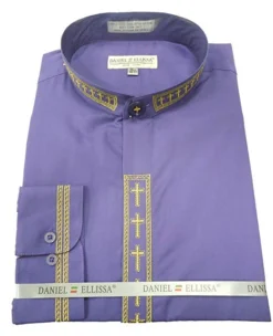 Men's Banded Collar Embroidered Shirt In Purple/Gold