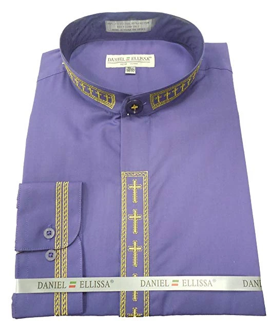 Men's Banded Collar Embroidered Shirt In Purple/Gold 1 Men's Banded Collar Embroidered Shirt In Purple/Gold