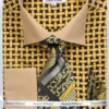 French Cuff Checker Pattern Cotton Shirt In Black/Mustard With Tie, Cuff Links And Handkerchief