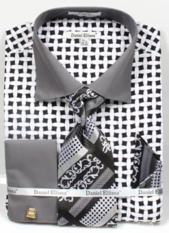 French Cuff Checker Pattern Cotton Shirt In Black/White With Tie, Cuff Links And Handkerchief