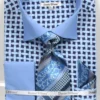 French Cuff Checker Pattern Cotton Shirt In Blue With Tie, Cuff Links And Handkerchief