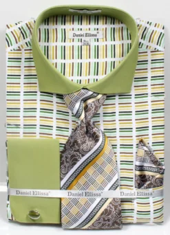 French Cuff Cotton Shirt In Green With Tie, Cuff Links And Handkerchief