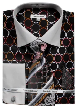 French Cuff Circle Printed Cotton Shirt In Black/Gray With Tie, Cuff Links And Handkerchief