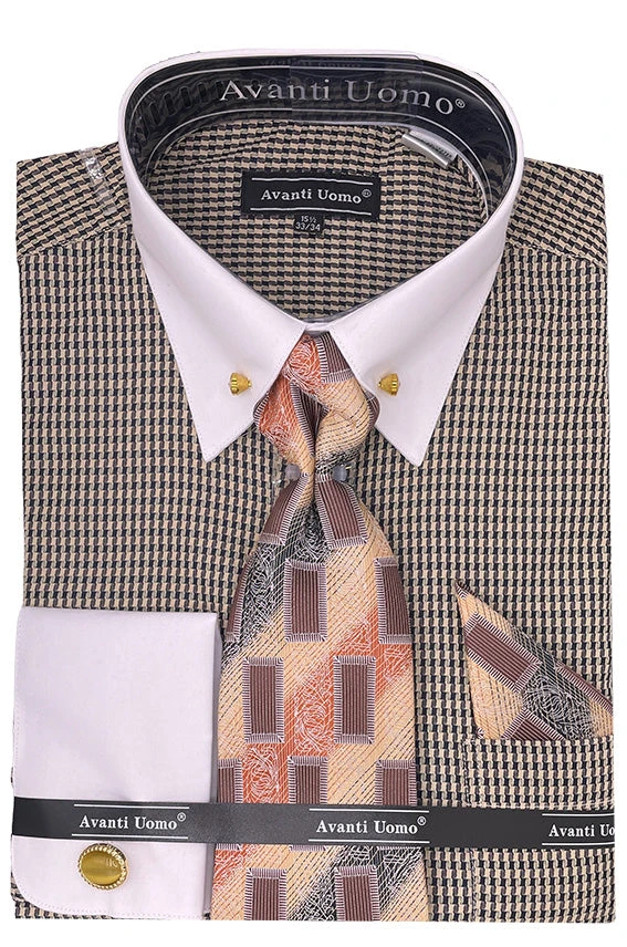 Beige Houndstooth Dress Shirt Set With Cuff 1 Beige Houndstooth Dress Shirt Set With Cuff