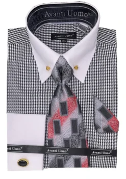 Black Houndstooth Dress Shirt Set With Cuff