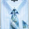 French Cuff Blue Striped Pattern Dress Shirt Set With Tie, Cuff Links And Handkerchief