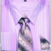 French Cuff Lavender Striped Pattern Dress Shirt Set With Tie, Cuff Links And Handkerchief