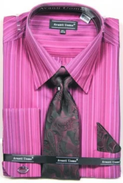 French Cuff Wine Striped Pattern Dress Shirt Set With Tie, Cuff Links And Handkerchief