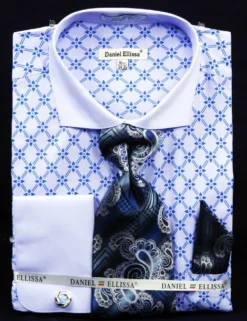 French Cuff Printed Two Tone Shirts In Blue With Tie, Cuff Links And Handkerchief