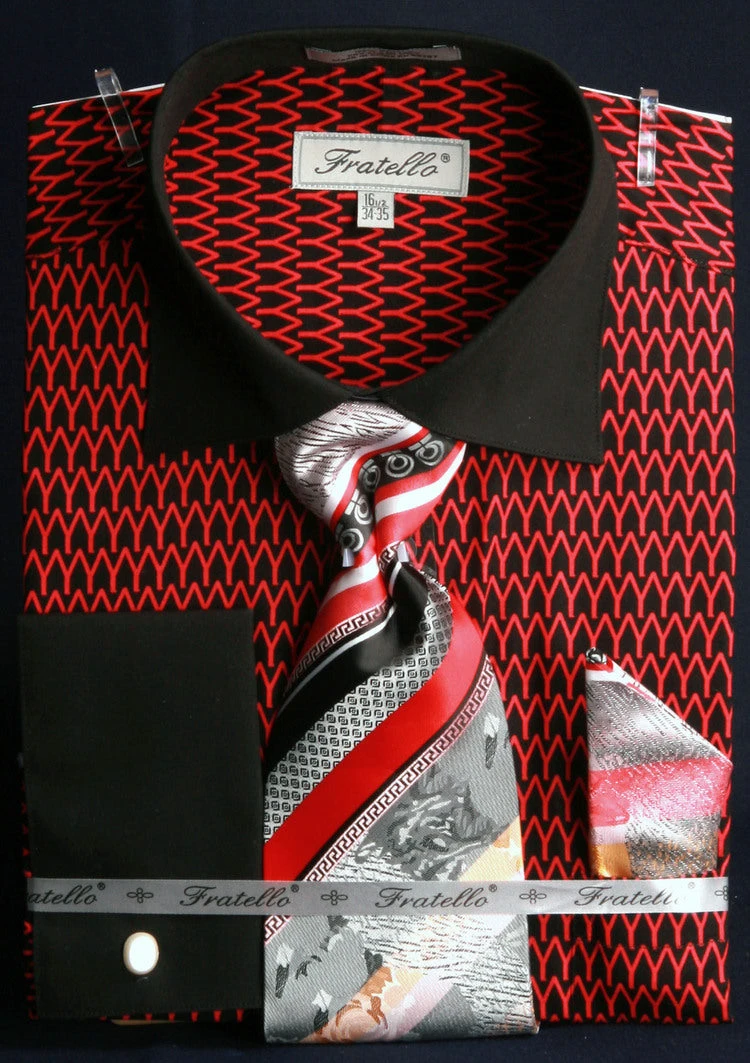 French Cuff Printed Tone On Tone Shirt In Black/Red With Tie, Cuff Links, And Handkerchief 1 French Cuff Printed Tone On Tone Shirt In Black/Red With Tie, Cuff Links, And Handkerchief