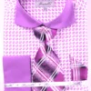 French Cuff Checker Pattern Cotton Shirt In Lilac With Tie, Cuff Links And Handkerchief