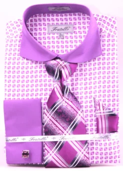 French Cuff Checker Pattern Cotton Shirt In Lilac With Tie, Cuff Links And Handkerchief