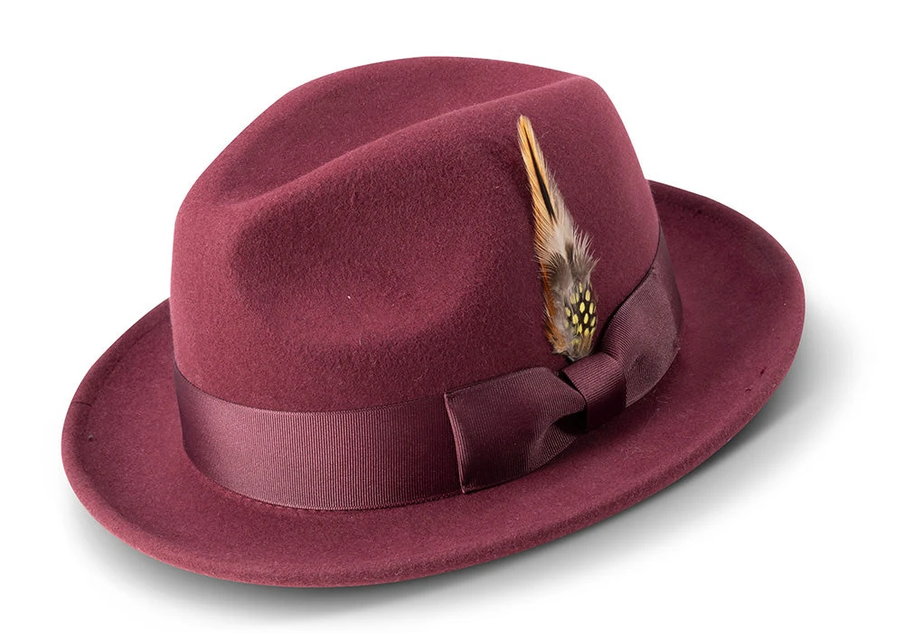 Men's Wine Wool Felt Fedora Hat Snap Brim Crushable 1 Men's Wine Wool Felt Fedora Hat Snap Brim Crushable